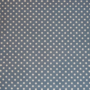 May include: A blue fabric with a white polka dot pattern.