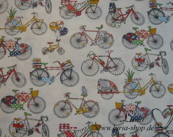 12.60 EUR/meter cotton fabric bicycles colorful on white woven fabric 100% cotton