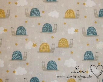 0.85 m REMNANT cotton fabric snails petrol and yellow woven fabric 100% cotton