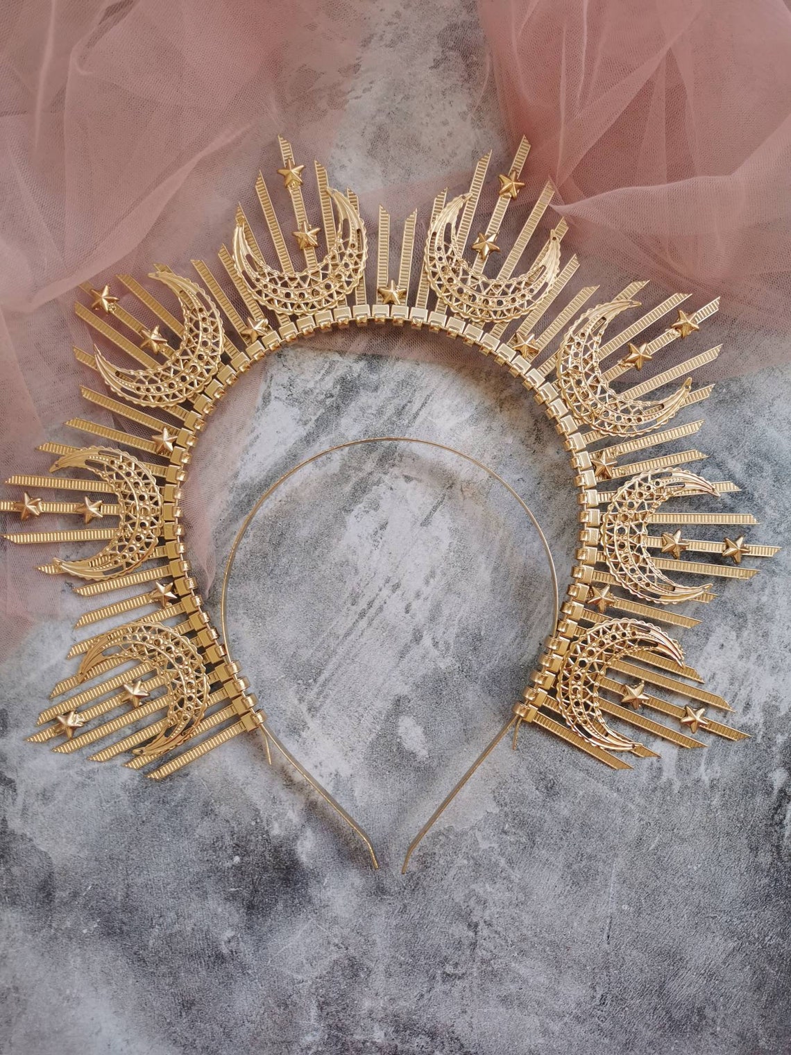 Gold halo headpiece moon and star crown zip ties crown Etsy