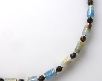 Necklace, collier, gemstones, Argentine calcite, smoky quartz, faceted