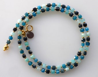 Necklace, necklace, gemstones, blue tourmaline, amazonite, apatite, cube, diamond cut
