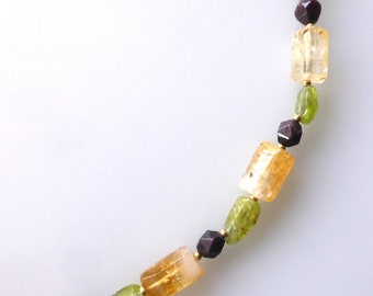 Necklace, gemstones, garnet, citrine, peridot