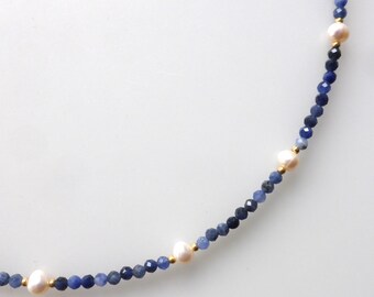 Necklace, collier, gemstones, sodalite - delicate and fine with pearl