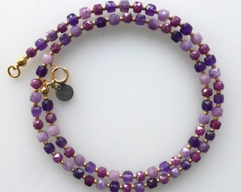 Kette, Collier, Edelsteine, Rubin, Amethyst, Lepidolith, Diamond Cut, Würfelkette