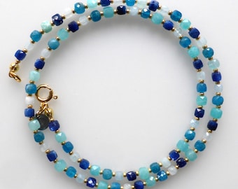 Necklace, collier, gemstones, cube chain faceted, amazonite, aquamarine, apatite, kyanite