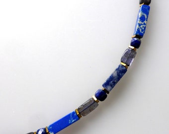 Necklace, choker, precious stones, jasper, lapis lazuli, iolite, hematite