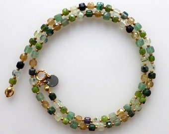 Necklace, gemstones, cube chain, green faceted, diamond cut