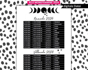 Mondtermine 2024 // digitale Datei // druckbar // DIN A4 // PDF // Printables // Sofortdownload