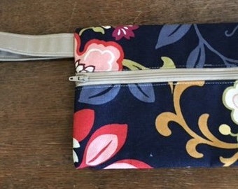 Navy Floral Canvas Wristlet Zippered Pouch