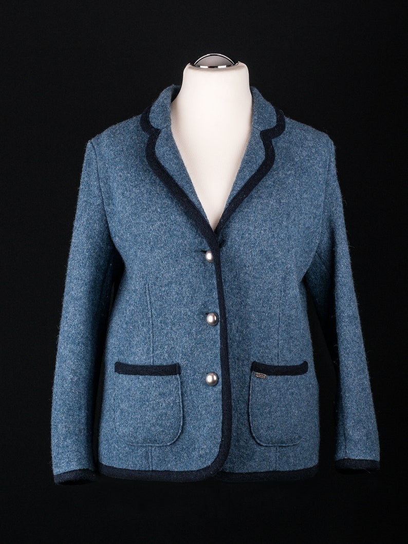 Veste femme de style traditionnel, bleue, vintage des années 90, rétro au look loden. image 1