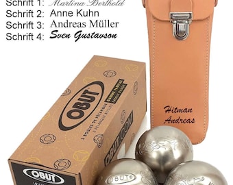 Boule  Premium Geschenk - Set TATOU, Obut INOX Kugeln und Tasche aus Vollrindleder mit Gravur