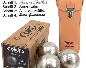 Boule  Premium Geschenk - Set SIDE, Obut INOX Kugeln und Tasche aus Vollrindleder mit Gravur