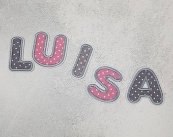 Application 2,30EUR/pcs, letters Desired name grey old pink dots, embroidery application Desired name to iron