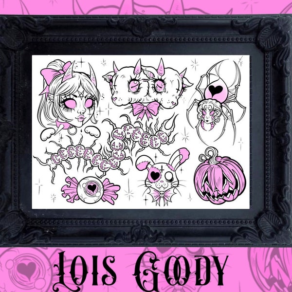 Halloween Blackwork Tattoo Flash Art Print, pastel goth, anime, creepy cute, black and pink