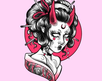 Demon Geisha Art Print, Japans geïnspireerd, pastel goth, tattoo geïnspireerd, griezelig lief, tattoo flash