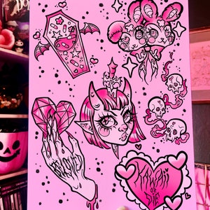 Kawaii or Die Flash, Blackwork Tattoo Flash Art Print, pastel goth, anime, creepy cute