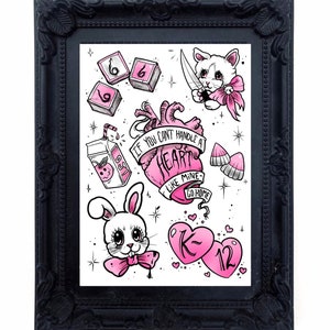 Play Time Blackwork Tattoo Flash Art Print, pastel goth, creepy cute, yami kawaii