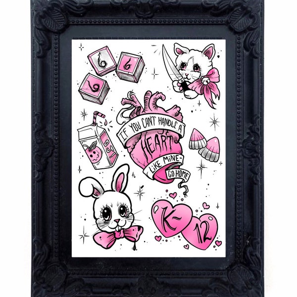 Play Time Blackwork Tattoo Flash Art Print, pastel goth, creepy cute, yami kawaii