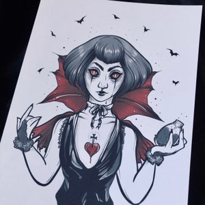 Vampire Girl Art Print, Bathory Babe, pastel goth, tattoo inspired, spooky sweet,