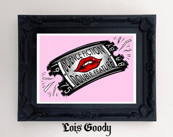 Science Fiction Double Feature Fine Art Print, Rocky Horror Picture Show, pastel goth, tattoo inpsired, spooky sweet