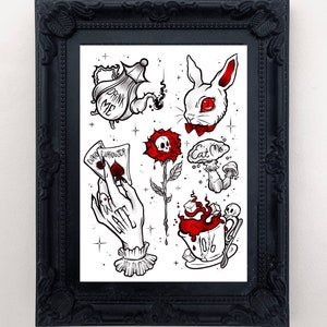 We zijn all Mad Here Red en Blackwork Tattoo Flash Art Print, Alice in Wonderland, pastel goth, griezelig schattig