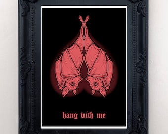 Hang with Me Art Print, pastel goth, tattoo inpsired, spooky sweet, halloween