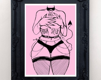 Hail Yourself Art Print, pastel goth, pin up, creepy cute