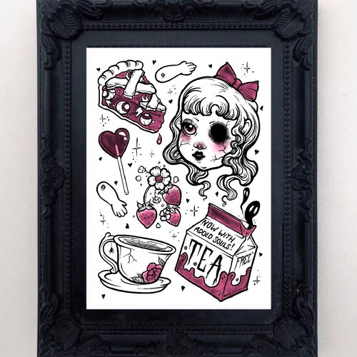 Tea Party Time Blackwork Tattoo Flash Art Print Pastel Goth Etsy UK