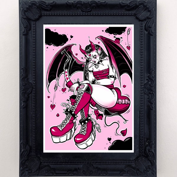 Succubitch Devil Girl Art Print, pastel goth, pin up, creepy cute