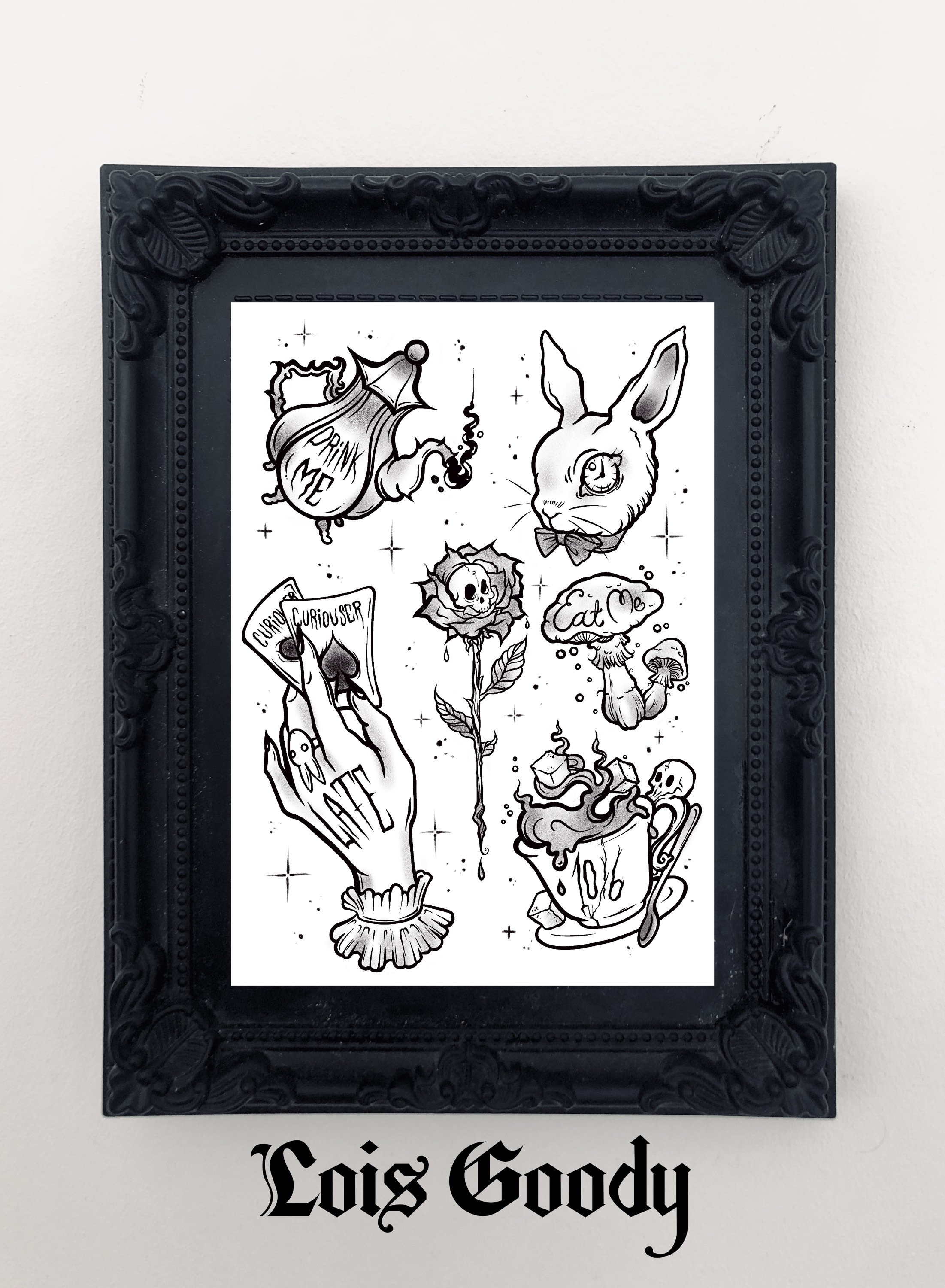 Were All Mad Here Blackwork Tattoo Flash Art Print Alice in - Etsy