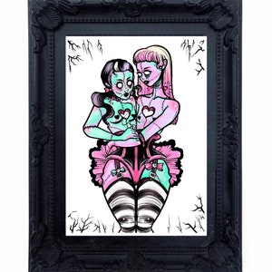 Zombie Lovers Art Print, pastel goth, pin up, creepy cute
