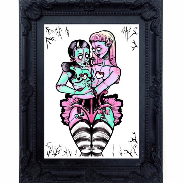 Zombie Lovers Art Print, pastel goth, pin up, creepy cute