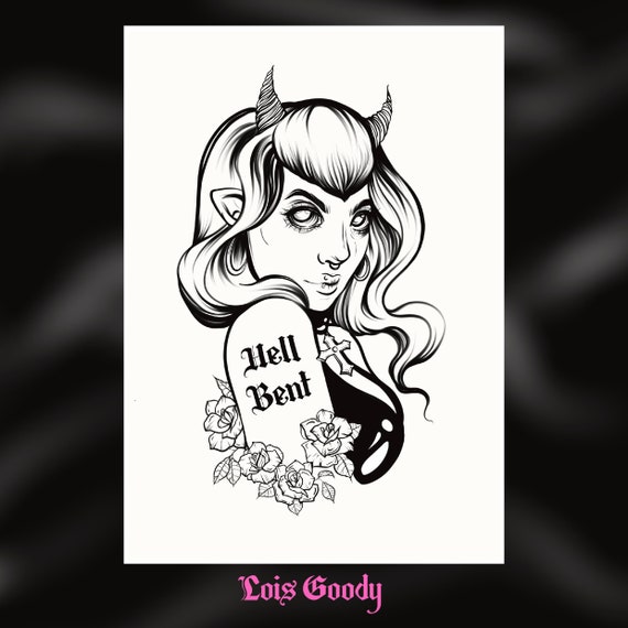 Hell Bent Art Print, pastel goth, tattoo inspired, spooky sweet, demon