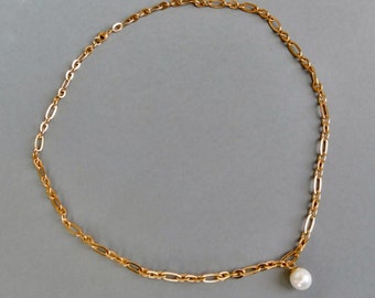 Edelstahl-Kette mit Perlen-Anhänger weiß mit gold