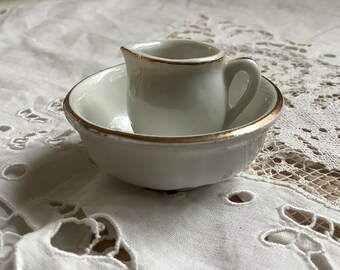 Sustainable, no plastic dollhouse mini bowl and jug with gold rim