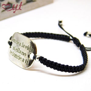 Black thread macramé bracelet, with message.