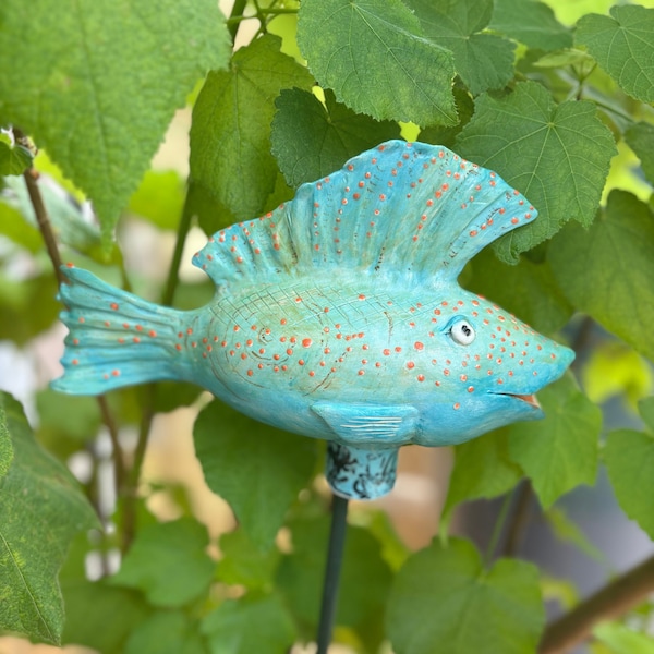 Gartenfisch türkis bunt Steinzeug Keramik