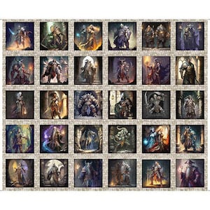Könnte beinhalten: Eine Collage aus 36 Illustrationen mit Fantasy-Charakteren in verschiedenen Posen und Umgebungen. Die Charaktere sind im mittelalterlichen Stil dargestellt, mit aufwendigen Details und leuchtenden Farben.