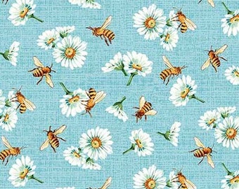 Patchwork fabric cotton bee flower blue light