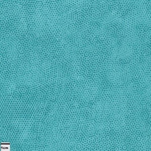 Könnte beinhalten: Nahaufnahme eines türkisfarbenen Stoffes mit einem sich wiederholenden Muster aus kleinen weißen Kreisen und einem größeren sechseckigen Muster. Der Stoff hat eine leicht strukturierte Oberfläche.