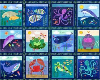 Patchwork fabric cotton panel fabric picture fish whale frog crab water blue colorful