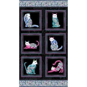 Könnte beinhalten: Ein rechteckiger Stoffpaneel mit sechs quadratischen Rahmen auf schwarzem Hintergrund. Jeder Rahmen enthält eine Katzenillustration mit weißem Kopf und farbenfrohen, wirbelnden Mustern in Blau, Pink und Türkis, umrandet von Punkten.