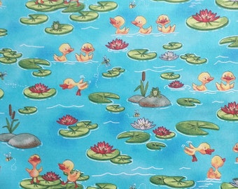 Patchwork Stoff Baumwolle Panel Stoffbild Beistoff Ente Frosch Wasser blau grün