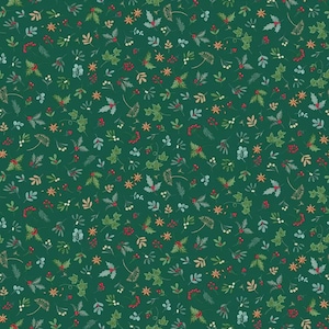 Könnte beinhalten: Ein nahtloses Muster mit einem dunkelgrünen Hintergrund und einem sich wiederholenden Design aus verschiedenen botanischen Elementen. Das Muster enthält grüne Blätter, rote Beeren und kleine orangefarbene sternförmige Blüten.