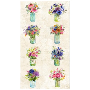 Könnte beinhalten: Neun verschiedene Blumenarrangements in Einmachgläsern. Jedes Glas ist gefüllt mit einer Vielzahl von bunten Blumen, darunter rosa, lila, blau, gelb und weiß. Die Gläser stehen alle auf einem weißen Hintergrund.