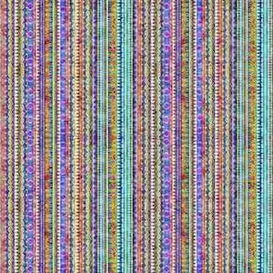 Könnte beinhalten: Ein farbenfroher Stoff mit einem sich wiederholenden Muster aus vertikalen Streifen. Die Streifen bestehen aus verschiedenen Farben und Mustern, darunter Blau, Grün, Gelb, Orange, Rot und Lila.