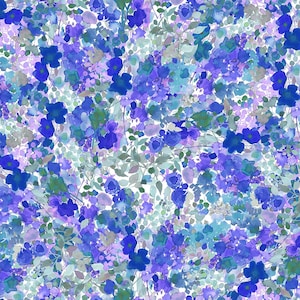 Könnte beinhalten: Ein Aquarell-Blumenmuster mit einer dichten Anordnung von blauen, lila und grünen Blumen und Blättern. Das Design hat eine weiche, malerische Qualität mit verschiedenen Blau- und Lilatönen, die einen visuell reichen und strukturierten Effekt erzeugen. Der Hintergrund ist weiß.