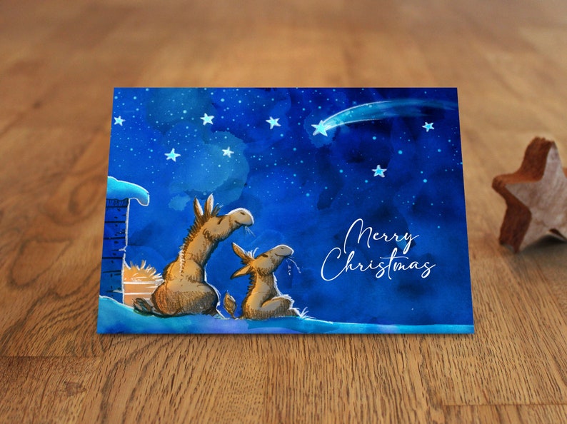 Weihnachtskarte Esel unterm Weihnachtsstern Bild 1