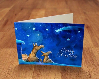 Christmas Greeting Card - Donkey with Poinsettia